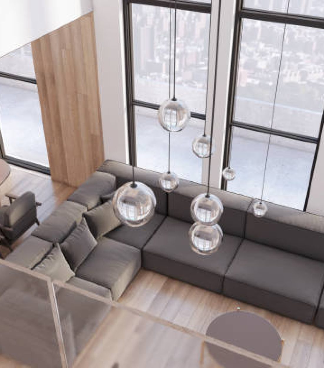 Modern wooden living room interior with window and panoramic city view, comfortable couch and dining table with chairs. Luxury design concept. 3D Rendering