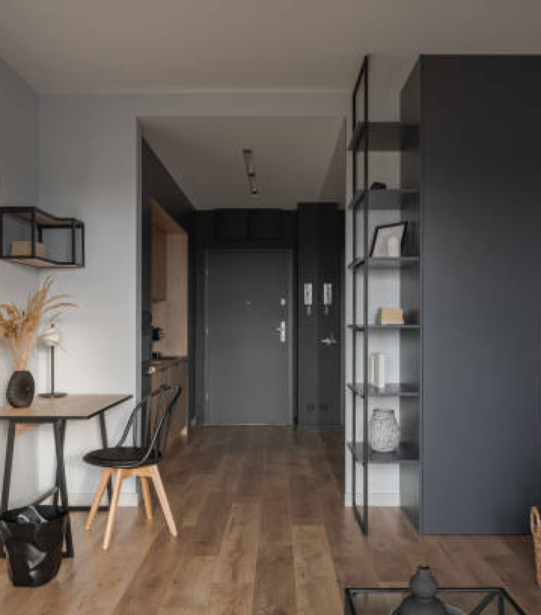 Stylish micro apartment for one, with living room open to home office and kitchen in corridor